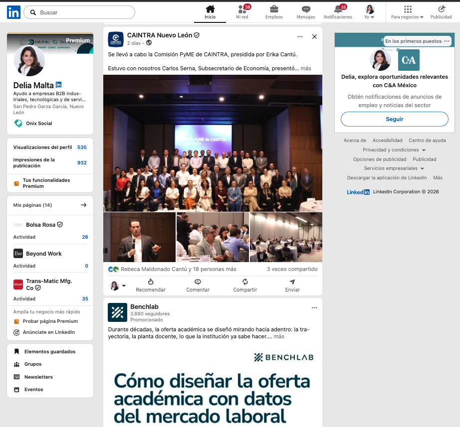 Feed de LinkedIn de Delia Malta con contenido y actividad profesional B2B